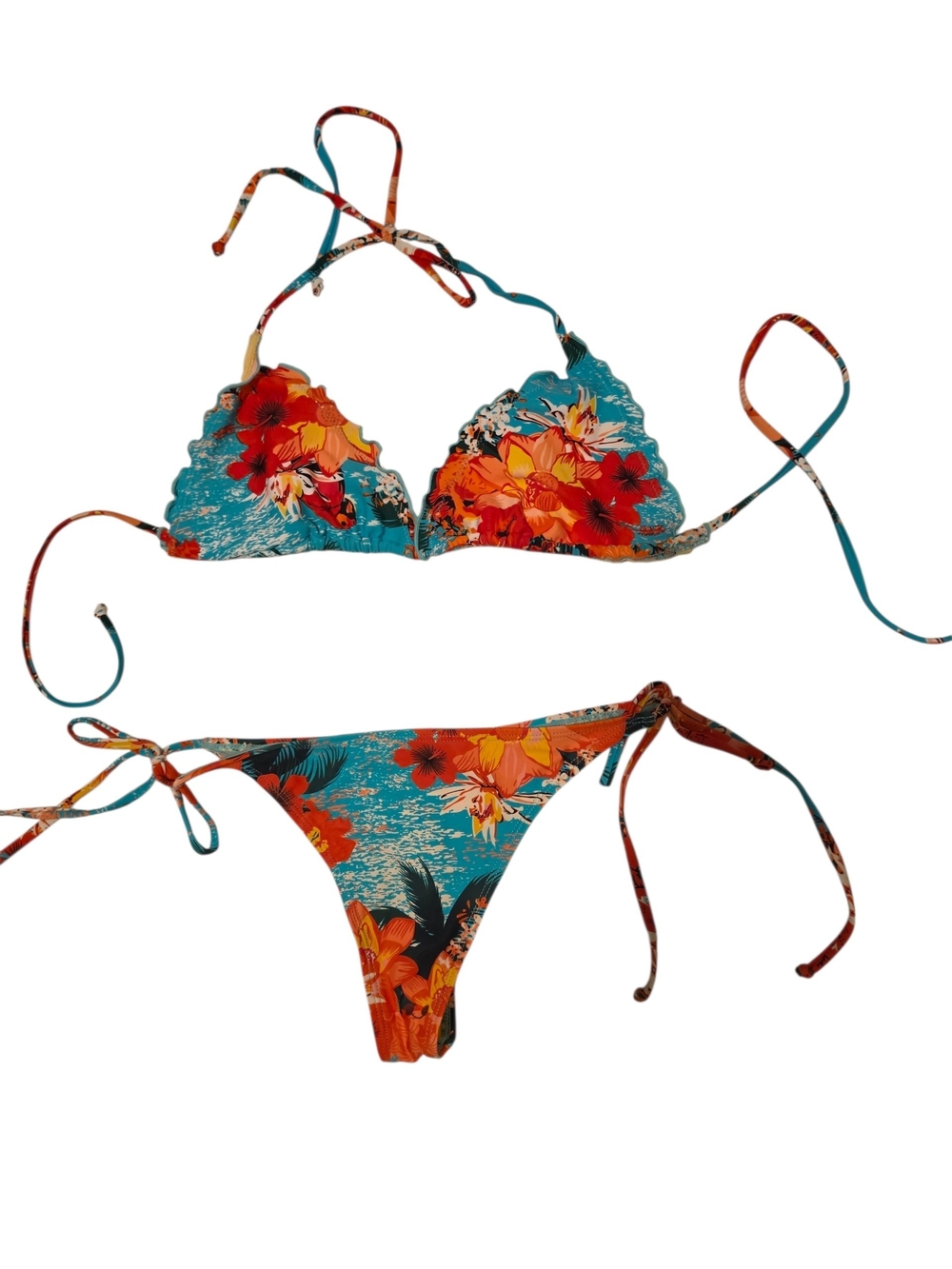 RELLECIGA Teal Floral Scalloped Tie Bikini with Orange Accents